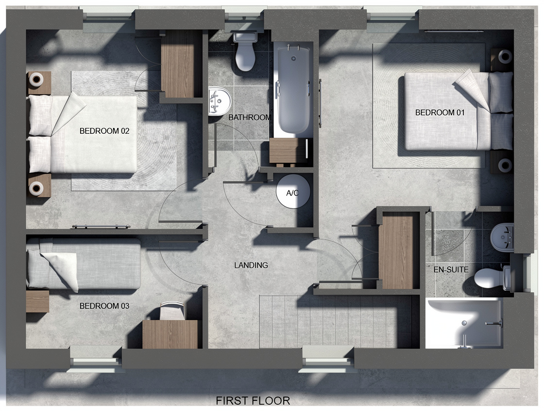 Rendered floor plan viewed from above