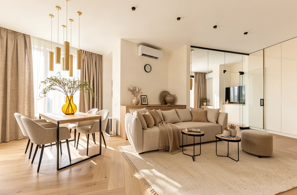 A warm modern room created in an EazyRender Redesign product test