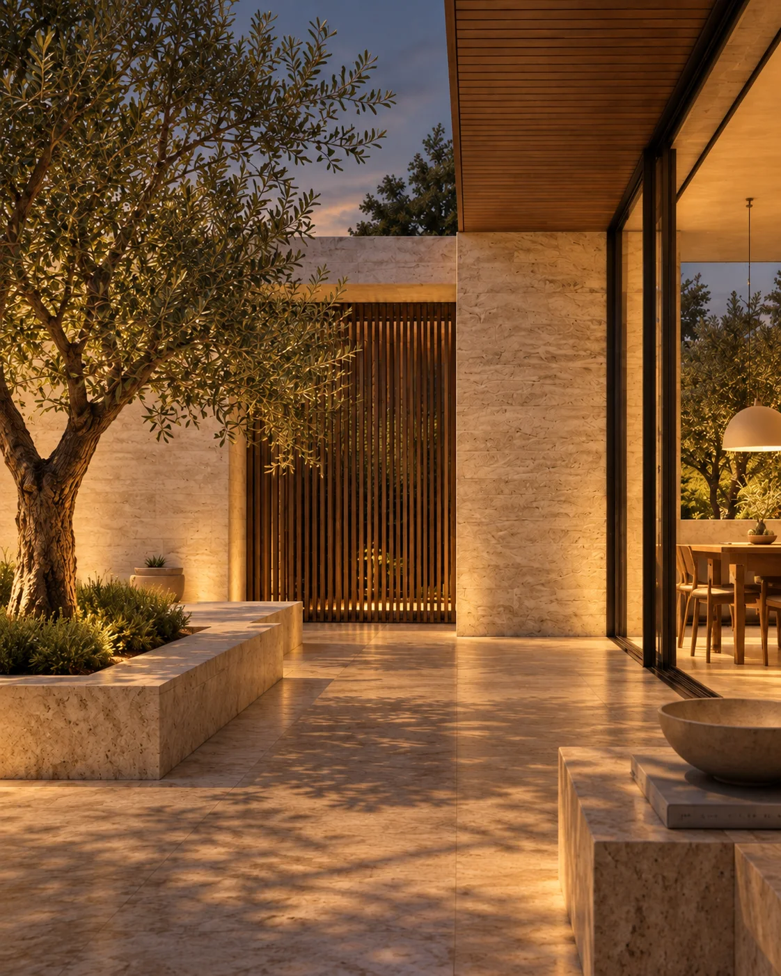 A warmly lit architectural courtyard at dusk